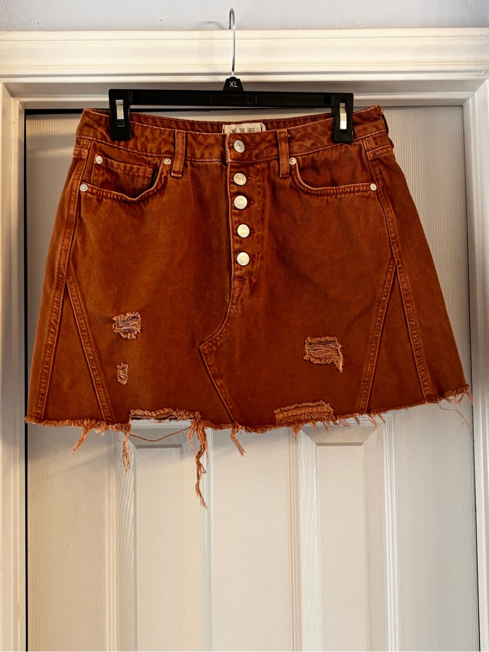Free People Distressed Button-Front Mini Skirt in Rust